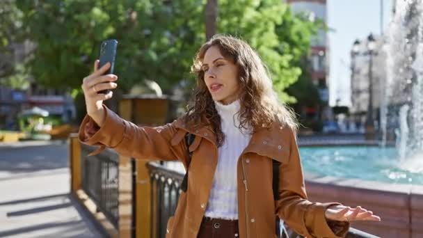 Hispanic Kvinna Tar Selfies Utomhus Park Med Fontän Staden Casual — Stockvideo