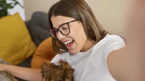 Egy Vidám Szemüveges Fiatal Szelfit Készít Imádnivaló Kutyáival Egy Hangulatos — Stock videók
