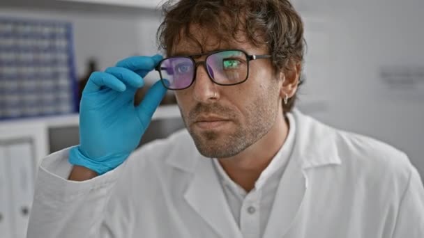 ひげとメガネを持つ集中した男性は プロフェッショナリズムと集中を除く実験室の設定で彼のアイウェアを調整します — ストック動画