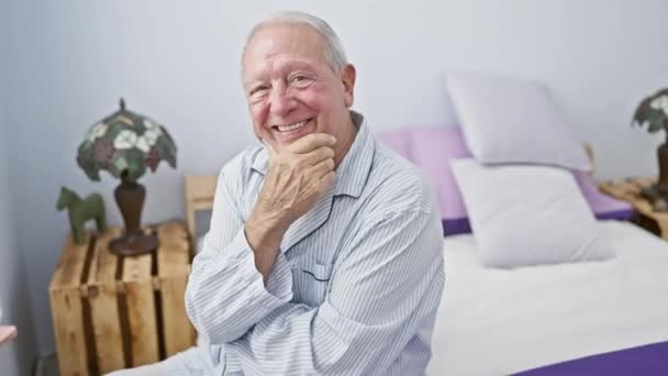 Confident Senior Man Pyjamas Poses Smile Hand Chin Arms Crossed — Stock Video