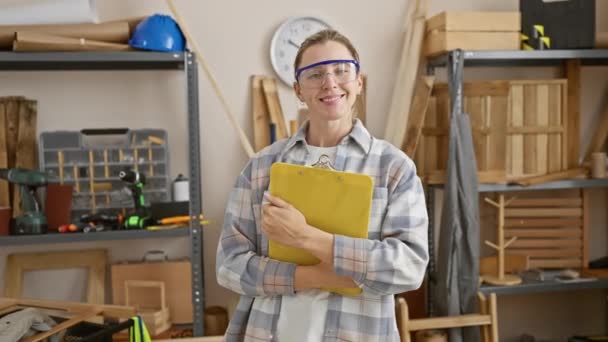 保護眼鏡をかけた木工研修会のクリップボード付き笑顔の女性 — ストック動画