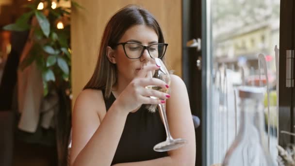 一位年轻女子坐在一家咖啡馆的室内 享受着一杯白葡萄酒 这表明她的生活方式是休闲雅致的 — 图库视频影像