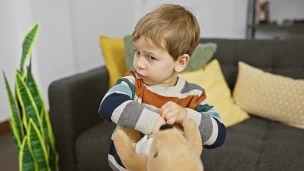 居心地の良いリビングルームでカンガルーのおもちゃでブロンドの髪を持つ好奇心旺盛な幼児の男の子は 無邪気と子供時代を例示します — ストック動画