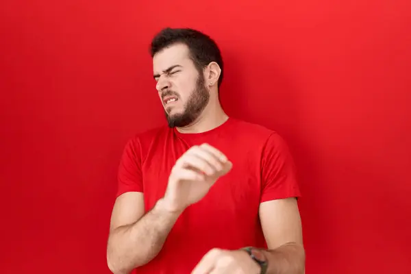 Young Hispanic Man Wearing Casual Red Shirt Disgusted Expression Displeased — Stock Photo, Image