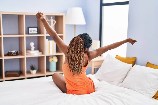 African American Woman Waking Stretching Arms Bedroom — Stock Photo, Image