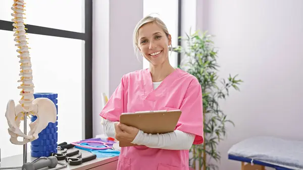 用装备在明亮的理疗诊所里拿着剪贴板的粉红刷子微笑的高加索女人 — 图库照片