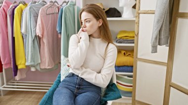 Düşünceli genç bir kadın renkli bir gardıropta oturuyor, çeşitli kıyafetlerle çevrili..