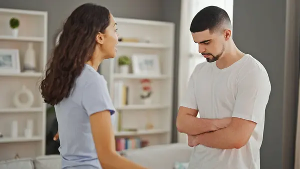 Serious Argument Home Beautiful Couple Locked Disagreement Standing Together Living — Stock Photo, Image