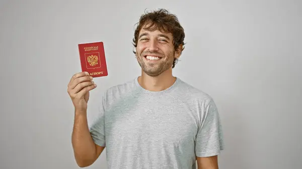 Joven Rubio Radiante Patriota Rusia Tiene Pasaporte Con Confianza Sobre —  Fotos de Stock