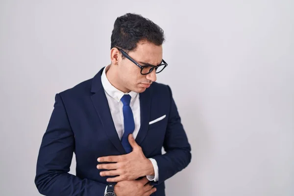 Young Hispanic Man Wearing Suit Tie Hand Stomach Because Nausea — Stock Photo, Image
