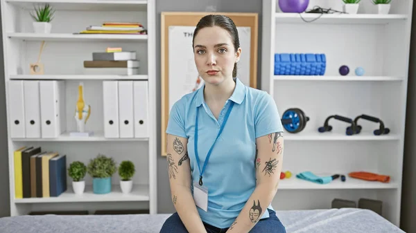 Caucasian woman with tattoos poses in a rehabilitation clinic workplace featuring physiotherapy equipment.