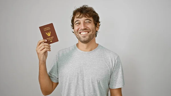 Young Man Smiling Holding Passport Thailand Isolated White Background — Stock Photo, Image