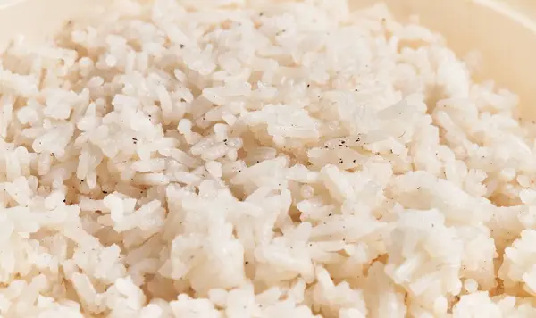 Close-up of cooked white rice grains on a plate, portraying a simple food texture.