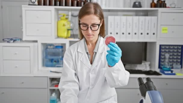 焦点を当てた女性科学者は 現代の研究室の設定でペトリ皿を検査し 研究とヘルスケアを描きます — ストック動画