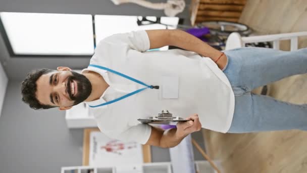 クリニックの衣装にひげのある陽気な男が明るい医療オフィスの設定でクリップボードを保持し 歓迎ヘルスケアの専門家を示唆しています — ストック動画