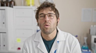 Klinikte gözlük ve laboratuvar önlüğü takan sakallı bir adamın portresi.