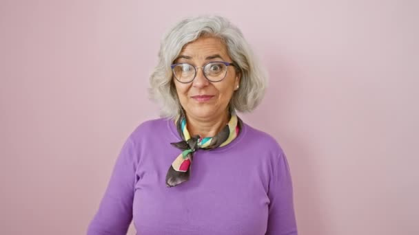 Glada Gråhåriga Medelålders Kvinna Som Lekfullt Kikar Över Glasögon Leende — Stockvideo