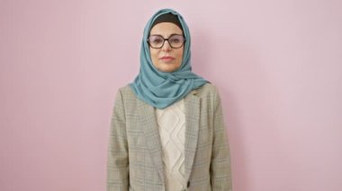 Rude show-off! impolite middle age hispanic woman in hijab showing 'fuck you' gesture, an expression of crazy attitude over pink isolated background