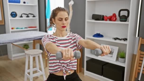 Konzentrierte Frau Beim Training Mit Kurzhanteln Einem Heim Fitnessstudio Die — Stockvideo