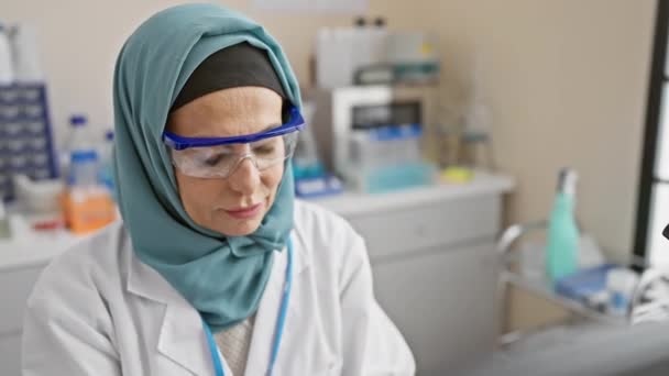 Dojrzała Kobieta Hidżabie Okularach Ochronnych Pracuje Uważnie Laboratorium Otoczona Sprzętem — Wideo stockowe