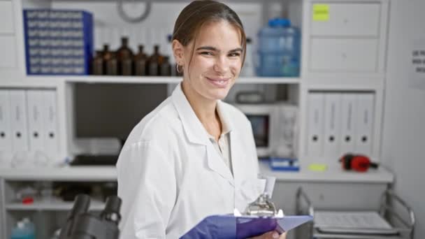 Heart Lab Young Beautiful Hispanic Woman Scientist Radiant Smile Confidently — Stock Video