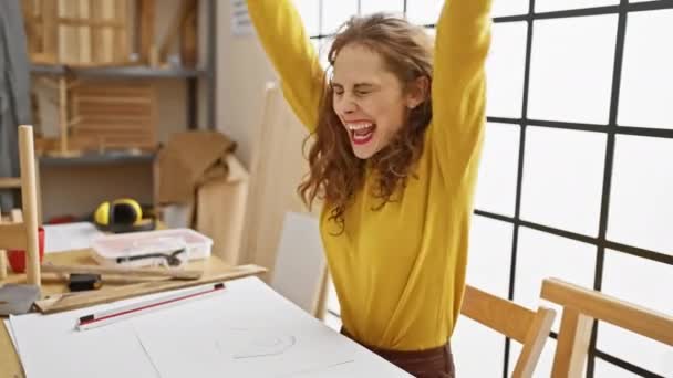 Возбужденная Молодая Женщина Столярной Мастерской Ликующе Поднимающая Руки Победном Веселье — стоковое видео