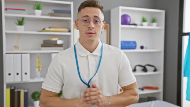 Young Hispanic Man Clinic Wearing Badge Speaks Confidently Conveying Professionalism — Stock Video