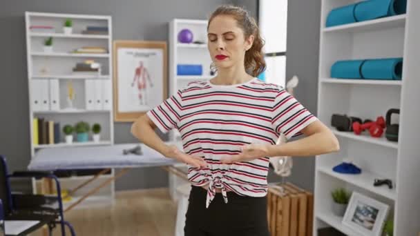Femeie Concentrată Efectuează Poziție Yoga Într Clinică Reabilitare Bine Echipată — Videoclip de stoc