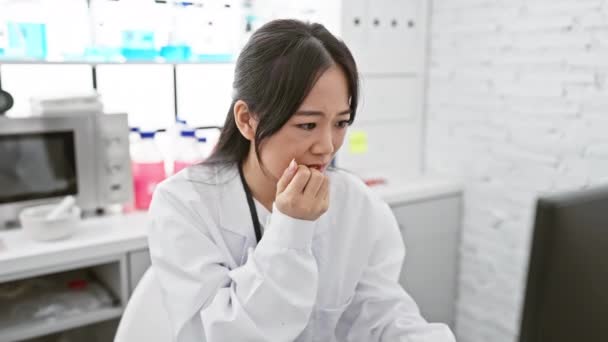 Αγχωμένη Νεαρή Κινέζα Επιστήμονας Εργαστηριακή Ποδιά Δαγκώνει Νύχια Στο Στρες — Αρχείο Βίντεο