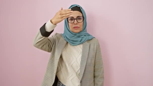 Mature Serious Hispanic Woman Hijab Blindly Covering Eyes Hand Sad — Stock Video