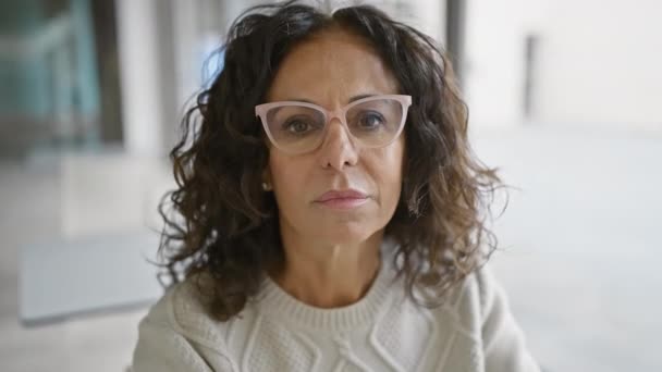 Profesjonalna Latynoska Kobieta Okularach Stoi Pewnie Nowoczesnym Otoczeniu Biurowym Ucieleśniając — Wideo stockowe