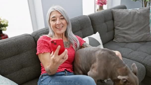 Веселая Женщина Среднего Возраста Седой Собакой Наслаждается Расслабляющим Видеозвонком Диване — стоковое видео