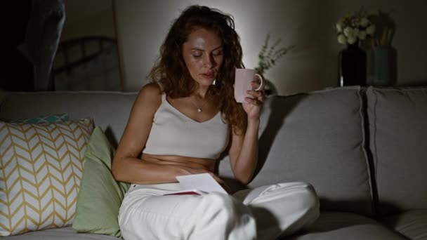 Λευκή Γυναίκα Πίνει Καφέ Και Διαβάζει Βιβλίο Στον Καναπέ Ένα — Αρχείο Βίντεο