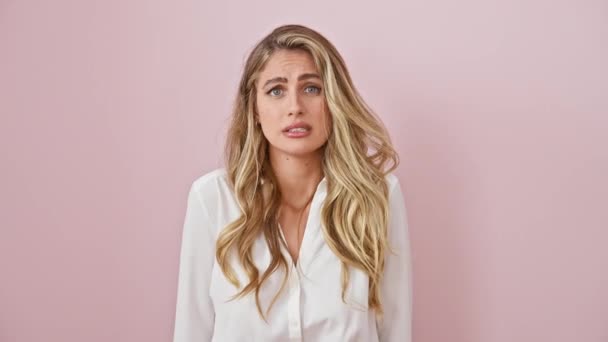 Anxious Young Blonde Woman Fingernails Biting Standing Isolated Pink Background — Stock Video
