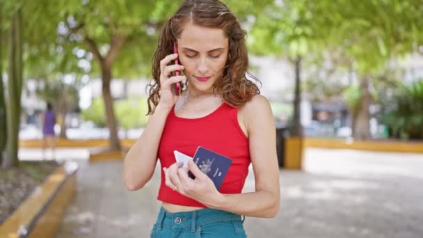 Привлекательная Молодая Женщина Погруженная Серьезный Разговор Своем Смартфоне Открытом Парке — стоковое видео