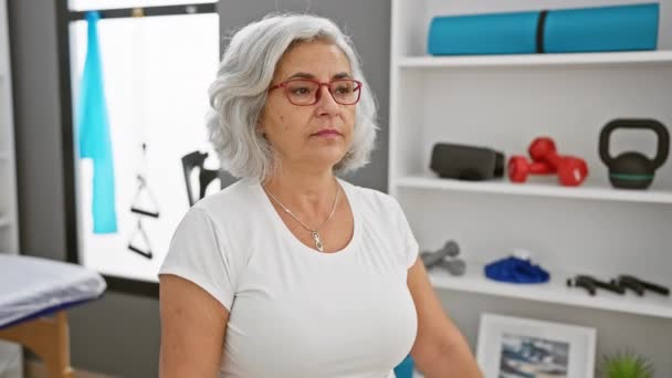 在有锻炼设备的康复中心活动的成年妇女 — 图库视频影像