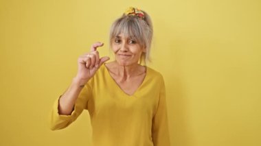 Gri at kuyruklu hayat dolu orta yaşlı kadın sarı izole arka planda kendine güvenen ve güvenen küçük bir işaret veriyor.