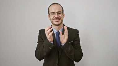 Takım elbiseli, kel, sakallı, gülümseyen bir adam beyaz, soyutlanmış bir arkaplanı alkışlıyor..