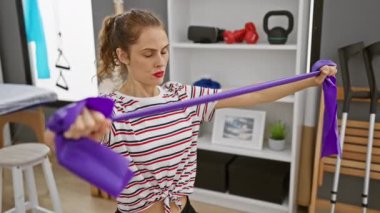 Modern ev jimnastik salonunda direniş bandıyla egzersiz yapan odaklanmış bir kadın.