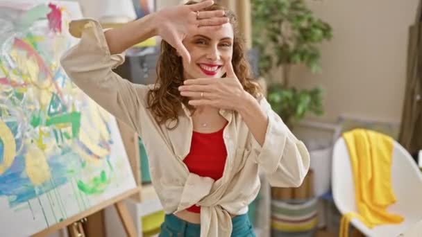 自信を持って笑顔の若い女性アーティストがアートスタジオで彼女の手でポーズを打つ — ストック動画