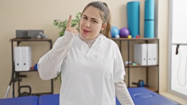 Χαρούμενη Νεαρή Ισπανίδα Νοσοκόμα Στην Κλινική Αποτοξίνωσης Δείχνει Χαρούμενα Ένα — Αρχείο Βίντεο