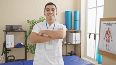 Laboratuvar önlüklü İspanyol bir adam, tıbbi ekipmanlar ve eğitim posterleri ile parlak bir rehabilitasyon kliniğinde güven içinde poz veriyor..
