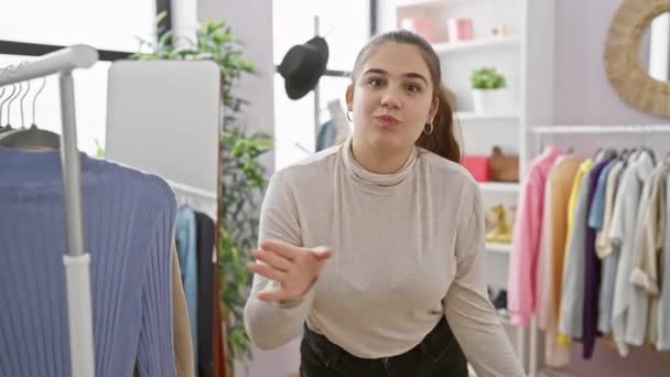 Neşeli Genç Bir Kadın Renkli Kıyafetlerle Çevrili Parlak Bir Soyunma — Stok video