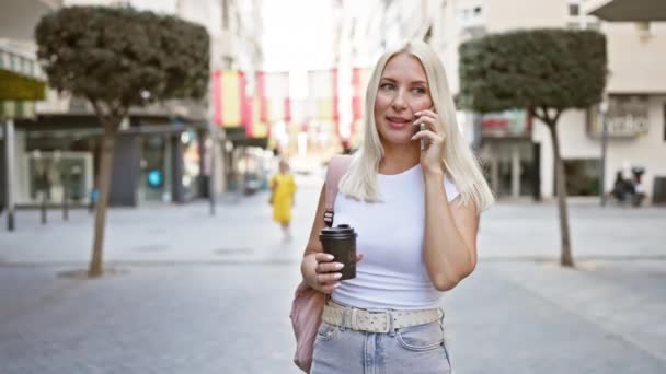 自信的金发女子散发出幸福的光芒 在阳光灿烂的城市街道上随便享用着热腾腾的咖啡 同时在户外的生活方式画像中愉快地对着智能手机说话和微笑 — 图库视频影像