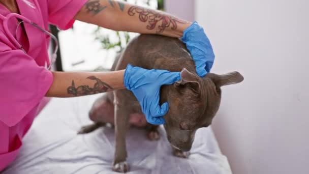 사랑스러운 강아지는 진료소 편안한 전문가 동물에 사랑에 수의사에 검사를 얻습니다 — 비디오