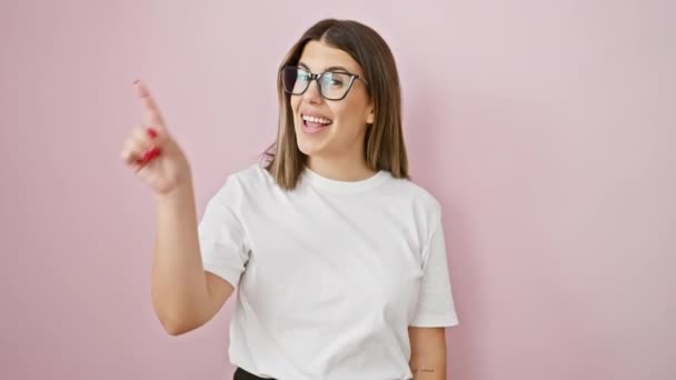 Cheerful Young Hispanic Woman Beautifully Confident Glasses Standing Isolated Pink — Stock Video