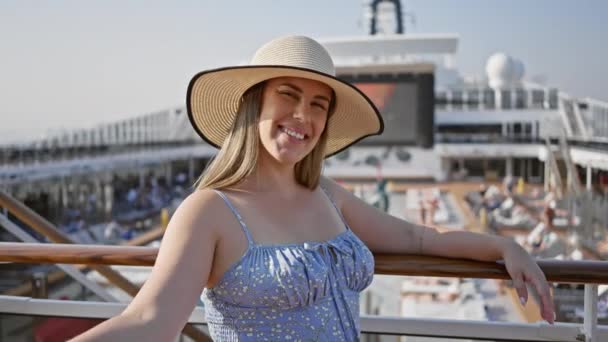 Glimlachende Vrouw Zonnehoed Ontspannen Cruiseschip Dek Tegen Oceaan Achtergrond — Stockvideo