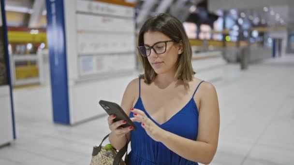 Vrolijke Met Glazen Beklede Spaanse Vrouw Ondergedompeld Een Glimlachende Telefoon — Stockvideo
