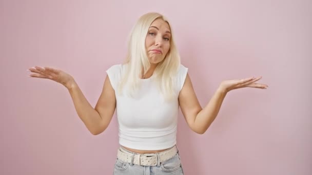 Puzzled Jonge Blonde Vrouw Staan Roze Achtergrond Armen Opgeheven Clueless — Stockvideo