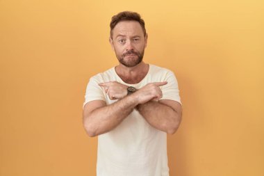 Sarı arka planda dikilen sakallı orta yaşlı bir adam iki tarafı da parmaklarıyla işaret ediyor, farklı yönler farklı. 